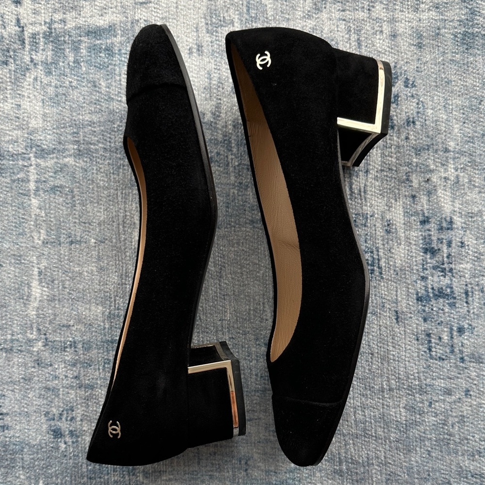 Chanel Black Suede Flats with Gold Heel Accent